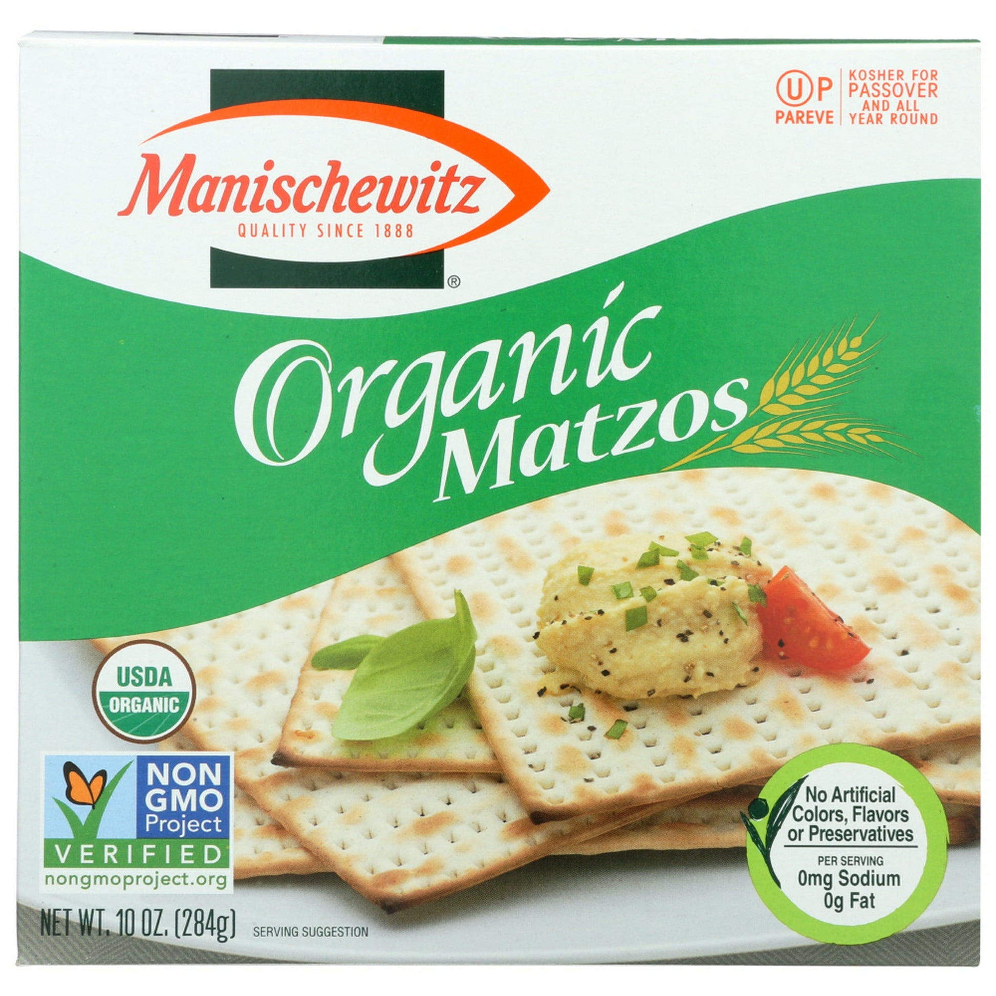 MANISCHEWITZ ORGANIC MATZOS ARE A DELICIOUS AND LIGHT CRACKER, GREAT FOR INCLUSION IN A VARIETY OF MEALS OR AS A STAND-ALONE SNACK. MANISCHEWITZ ORGANIC MATZOS ARE MADE WITH A MINIMAL AMOUNT OF NATURAL INGREDIENTS. THIS PRODUCT IS KOSHER CERTIFIED, ORGANIC AND VEGETARIAN FRIENDLY. EACH BOX OF MANISCHEWITZ ORGANIC MATZOS WEIGHS 10 OZ. WITH 10 SERVINGS PER BOX AND 110 CALORIES PER BOX. SEE NUTRITION FACTS PANEL FOR ALLERGENS.