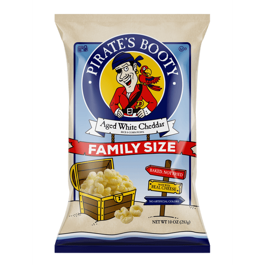 Pirate's Booty Aged White Cheddar Puffs are made with real aged white cheddar cheese and other real, tasty ingredients that are easy to pronounce and even easier to enjoy. Our deliciously-baked and never-fried rice and corn puffs are gluten-free, non-GMO, and made without preservatives or artificial colors. This 10-ounce family-size bag of Pirate's Booty is perfect for back to school snack essentials, lunch snacks, road trips, movie nights, and more, making this snack a real treasure. Drop Anchor and Discov