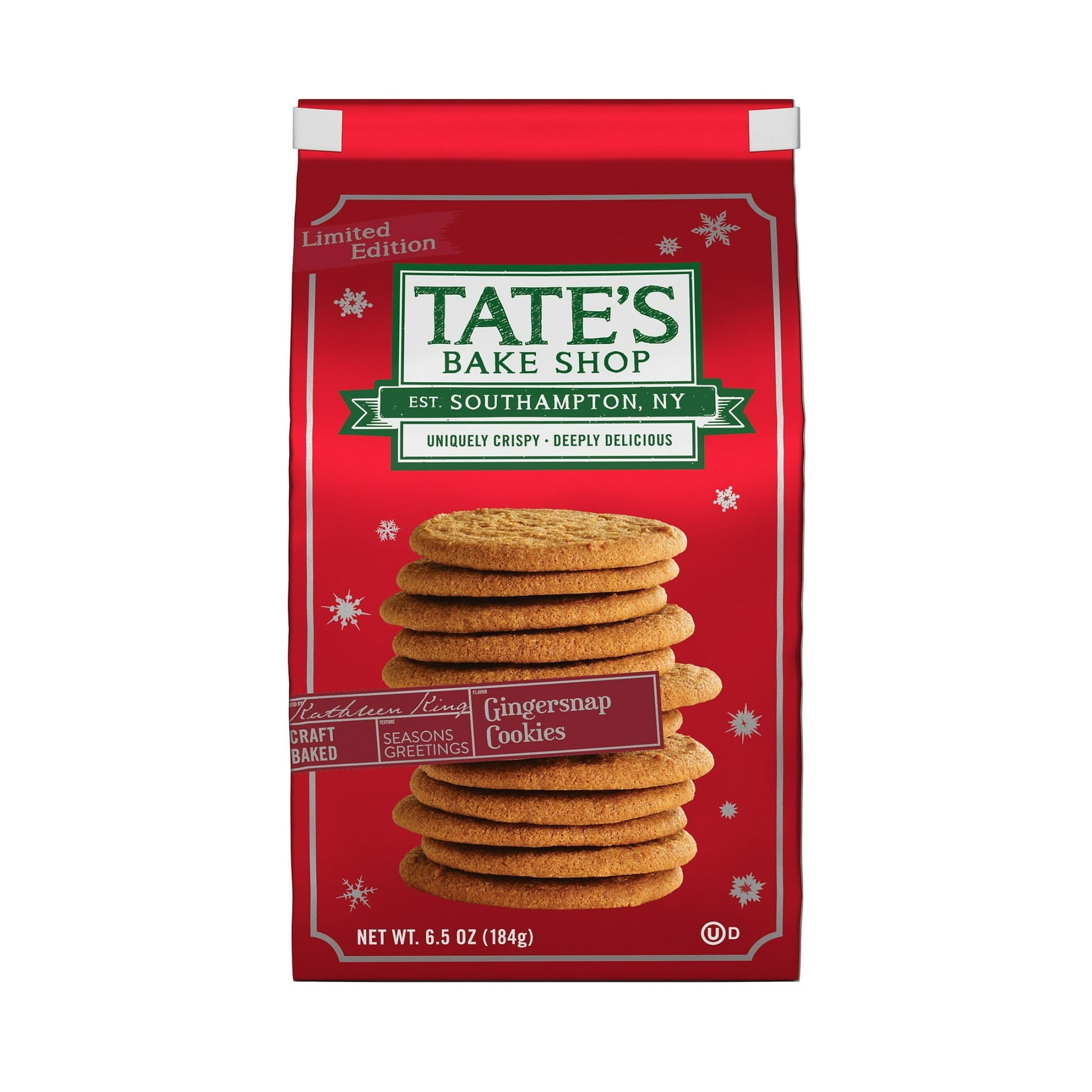 Treat yourself to a bake shop quality snack filled with the taste of the holidays when you enjoy Tate's Bake Shop Gingersnap Cookies. These gingersnap cookies with traditional holiday spices and molasses in every bite. Deeply delicious, these kosher gingersnap cookies are uniquely crispy with a delightfully crunchy texture. Arrange these Christmas cookies on cookie trays for holiday treats, or add them to holiday cookie bags as gifts for neighbors, coworkers and friends. These bulk holiday cookies also make