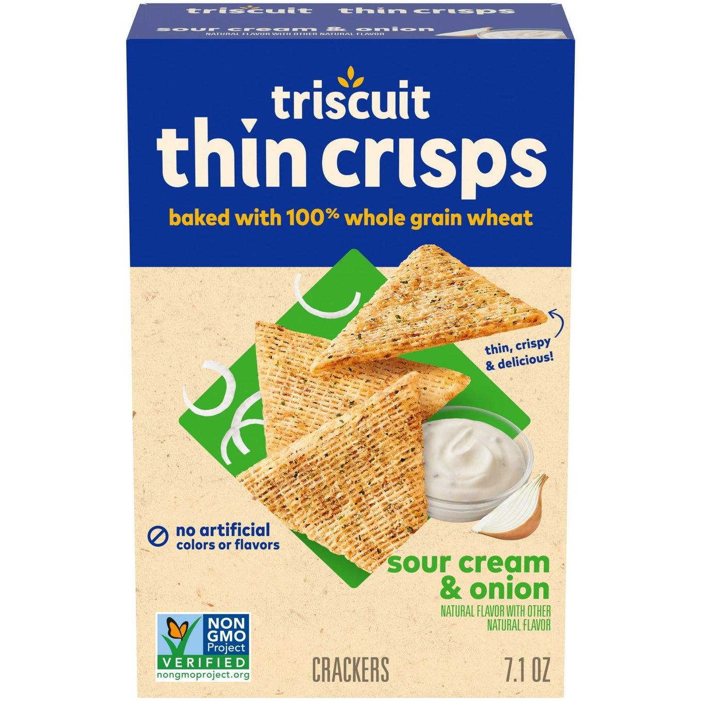 Triscuit Thin Crisps Sour Cream & Onion Whole Grain Wheat Crackers are made simply with quality ingredients. Baked to perfection, these snack crackers use 100% whole grain wheat proudly grown in the USA and sunflower oil. These crackers have their signature woven texture, are Kosher, Non-GMO, have no artificial colors or flavors and are a good source of dietary fiber (see nutritional information for fat content).