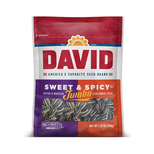 The roasted and salted sunflower seeds in this David Jumbo Seeds Sweet and Spicy, 5.25 oz, 12 Count are still the same flavor and quality of the David seeds you've been enjoying for years. Quality seeds, roasted and seasoned to perfection! This 12 pouch case is bursting with salted sunflower seeds in 5.25 ounce reasealable bags. Great for snacking on in the office or sharing with coworkers, these David Sunflower Seeds are grown for greatness. David Jumbo Seeds Sweet and Spicy, 5.25 oz, 12 Count let you brin