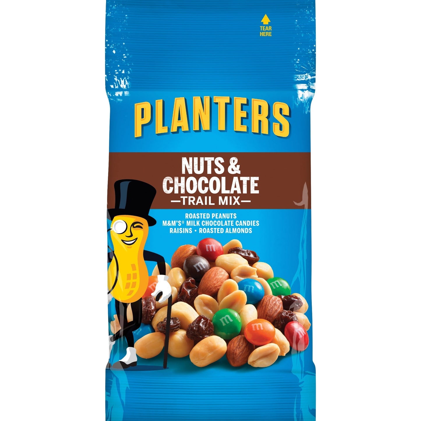 Planters Nut/Chocolate Trail Mix - Chocolate, Nutty - 2 oz - 72 / Carton. Enjoy this nut and chocolate trail mix as a perfect on-the-go snack. Trail mix contains a delicious blend of peanuts, raisins, chocolate pieces, cashews and almonds. This mix;trail;chocolate;nut is a great breakroom supplies snack mix item. It is a brand new item that comes to you packed well and ships fast!