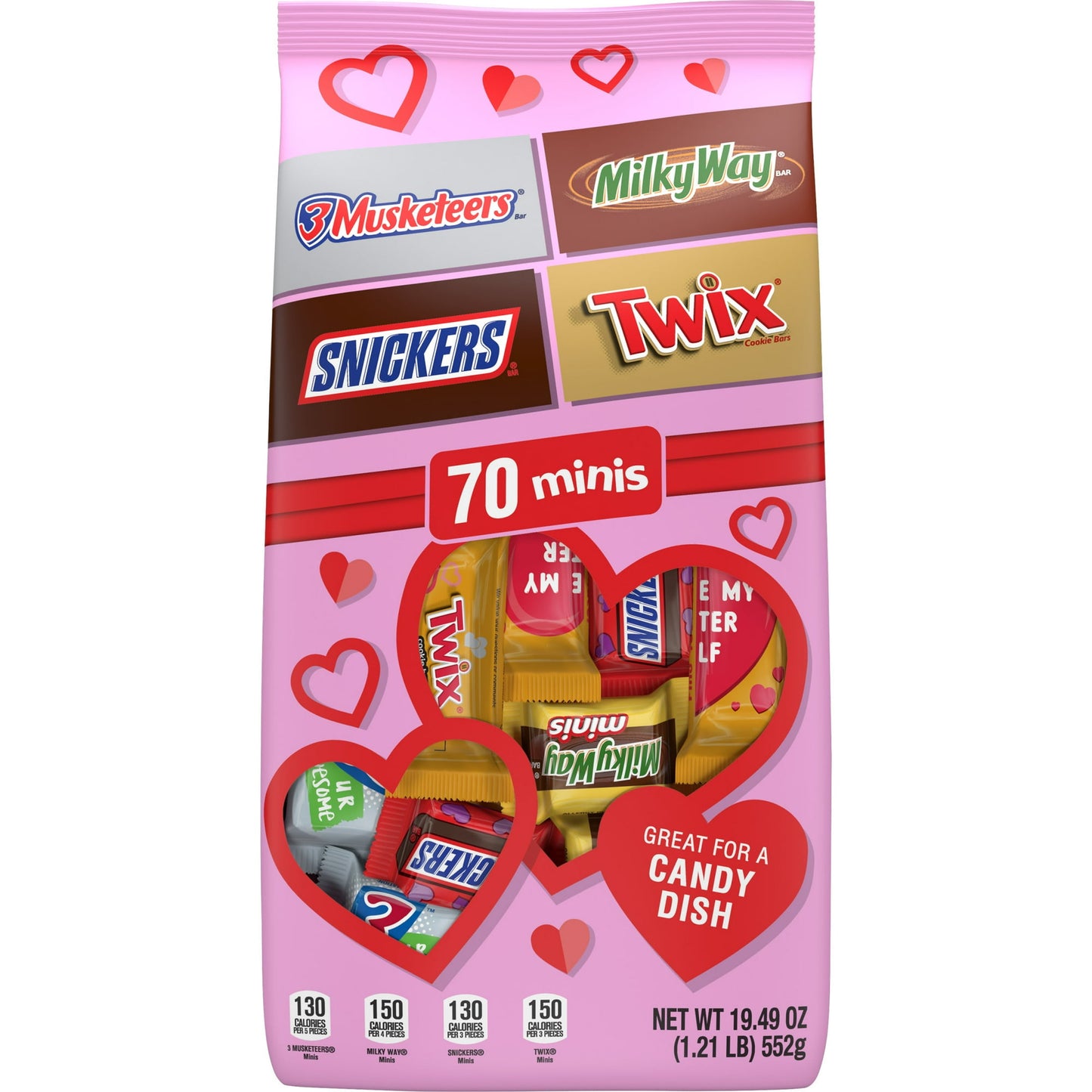 Chocolate and Valentine's Day are the perfect match. Show your love this Valentine's Day with this Mars Mixed 19.49 oz milk chocolate bar variety bag - it's a delicious way to say "I love you" to those who matter most. Each bag is filled with 70 pieces of miniature milk chocolate classics of SNICKERS, TWIX, MILKY WAY, and 3 MUSKETEERS Candy Bars. Not only great for Valentine's Day party favors or filling your heart-shaped candy bowl at the office, use this variety bag to give your loved ones a tasty persona