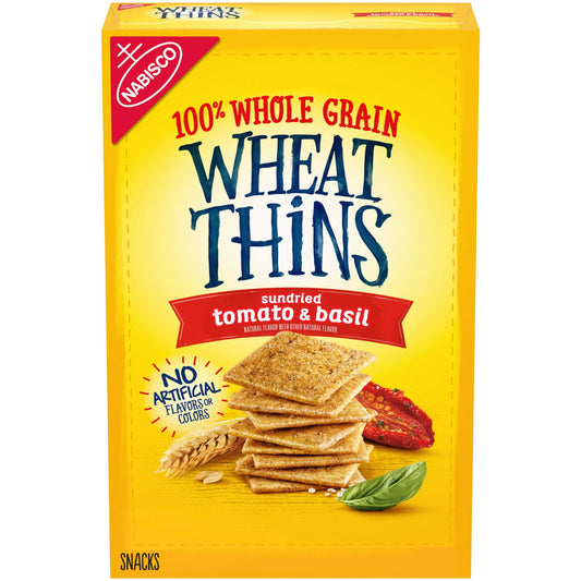 Upgrade snacking with Wheat Thins Sundried Tomato & Basil Whole Grain Wheat Crackers. These snack crackers feature sundried tomato and basil flavors, and the thin crackers are free of artificial flavors and colors. Bursting with bold flavor, this cracker snack is perfect for relaxing evenings. Dig into a box of these whole grain crackers knowing each bite will be crispy and delicious.