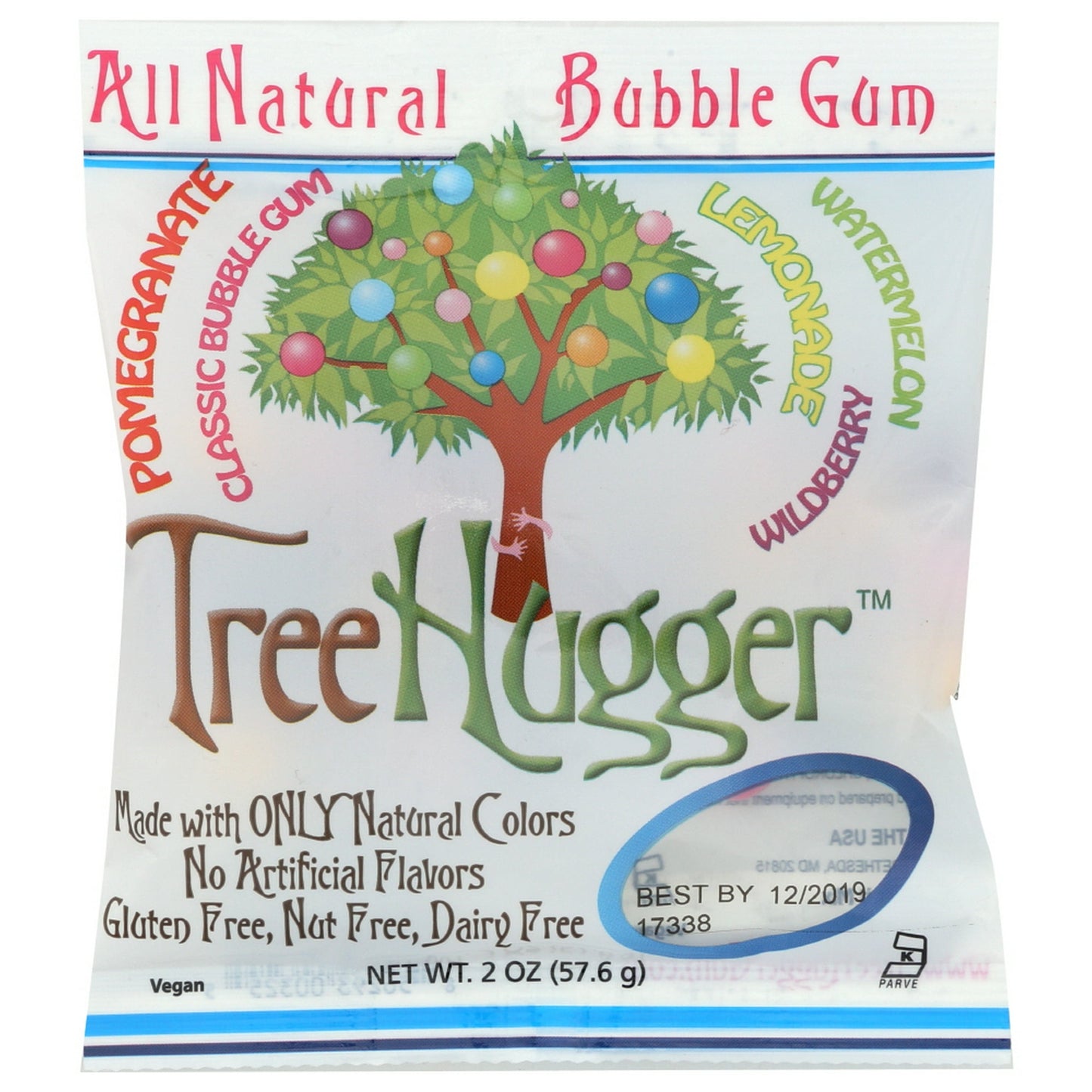 TREE HUGGER FANTASTIC FRUIT BUBBLE GUM IS MADE WITH ALL-NATURAL COLORS AND FLAVORS. EACH 2 OZ. BAG OF BUBBLE GUM CONTAINS FIVE FLAVORS: POMEGRANATE, CLASSIC BUBBLE GUM, LEMONADE, WILDBERRY AND WATERMELON. OUR NATURAL BUBBLE GUM IS GLUTEN-FREE, VEGAN, NON-GMO AND CERTIFIED KOSHER-PARVE. SEE NUTRITION PANEL FOR ALLERGENS.