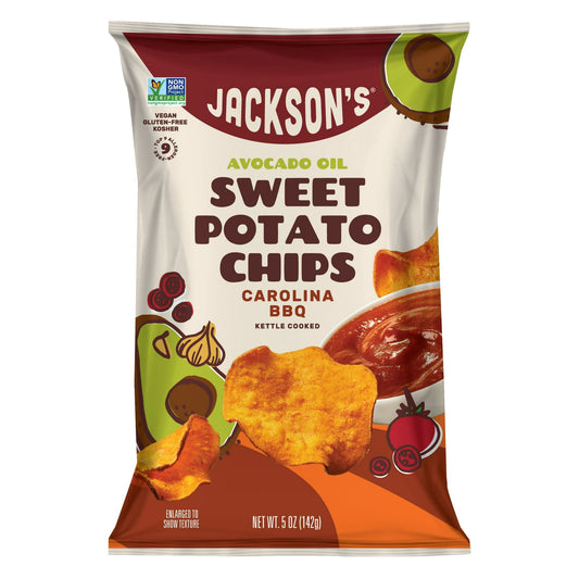 Jackson's Sweet Potato Carolina BBQ Kettle Chips are a Shark Tank sensation, made with premium avocado oil. These allergen-friendly, gluten-free, peanut-free, vegan chips offer a perfect blend of flavor and crunch. Crafted from non-GMO heirloom sweet potatoes and seasoned to perfection, they are cooked low and slow in avocado oil. Packed with nutrients and antioxidants, these chips are a guilt-free indulgence. Jackson's kettle cooked chips are a delightful addition to any lunch box, loved by both adults and