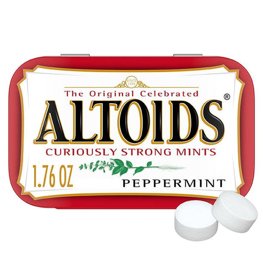 Always stay fresh with ALTOIDS Classic Peppermint Breath Mints Hard Candy 1.76 oz. tin. From business meetings in the boardroom to first dates, there's never a good time to have bad breath. Packaged in a pocket-sized tin, it's easy to take ALTOIDS Mints on the go, to keep them in your car or to stock them in your desk. Now that's the curious strength of ALTOIDS Hard Candy Mints! Ingredients: Sugar, Gum Arabic, Natural Flavor (Including Oil of peppermint), Gelatin