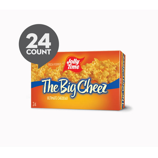 If you're into cheese, this popcorn snack is for you. JOLLY TIME The Big Cheez is the ultimate cheese microwave popcorn, with full-out Cheddar Cheese flavor. The rich, savory cheddar cheese taste is made even better with 100% whole-grain popcorn kernels which are non-GMO and gluten-free. Our cheese popcorn has 0 cholesterol and is high in fiber. Cheesy gourmet popcorn snack made in your microwave. A great tasting snack for kids and parents alike. You will be receiving 3 boxes of Jolly Time Cheddar Cheese Mi