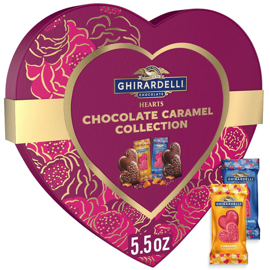 Celebrate the season of love with GHIRARDELLI Chocolate Caramel Hearts Collection. This heart shaped box of individually wrapped chocolate caramel candy hearts is the perfect gift for loved ones or that special someone. GHIRARDELLI chocolate caramel hearts come in milk chocolate and dark chocolate varieties with luscious caramel filling for an indulgent Valentine's Day treat. The festive heart-shaped chocolate is the perfect way to celebrate the season of love, and the heart-shaped box of chocolate makes a 