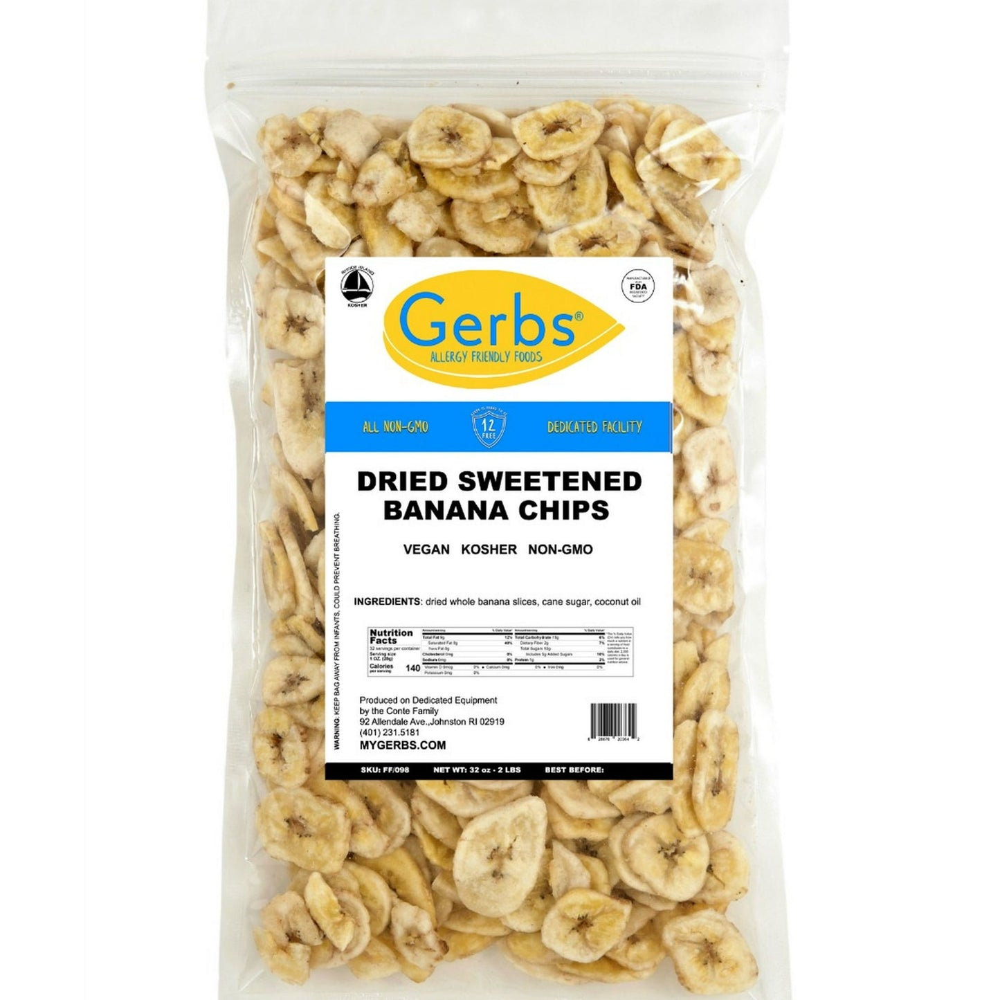 Nutritional Benefits ? Sweetened Gerbs banana chips. Fiber, One of the major benefits of consuming Gerbs banana chips is their fiber content. A 4-ounce serving contains 8.7 grams of dietary fiber ? about one-third of the daily recommended fiber intake for women or 23 percent of the daily recommended fiber intake for men, according to the Linus Pauling Institute. Fiber prevents constipation, lowers your blood cholesterol and controls your blood sugar levels. Consuming a diet rich in fiber also helps prevent 