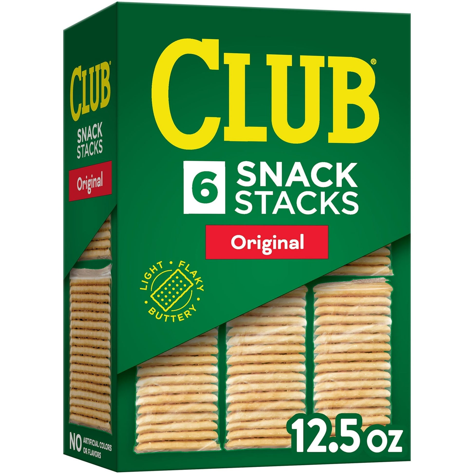 Savor the light, flaky, buttery taste of Club crackers wherever you go with on-the-go Snack Stacks. Perfect for packing in work bags and adding to lunch snacks, enjoy these crackers on their own or with cheese, dips, spreads or toppings. They're an easy win with no cholesterol (0.5g monounsaturated fat, 2g polyunsaturated fat), no saturated fat (3g total fat per serving) and made with no artificial colors or flavors; Stock irresistible, individually wrapped Club Snack Stacks crackers in your pantry as a fun