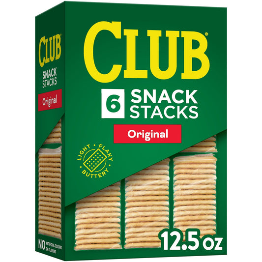 Savor the light, flaky, buttery taste of Club crackers wherever you go with on-the-go Snack Stacks. Perfect for packing in work bags and adding to lunch snacks, enjoy these crackers on their own or with cheese, dips, spreads or toppings. They're an easy win with no cholesterol (0.5g monounsaturated fat, 2g polyunsaturated fat), no saturated fat (3g total fat per serving) and made with no artificial colors or flavors; Stock irresistible, individually wrapped Club Snack Stacks crackers in your pantry as a fun