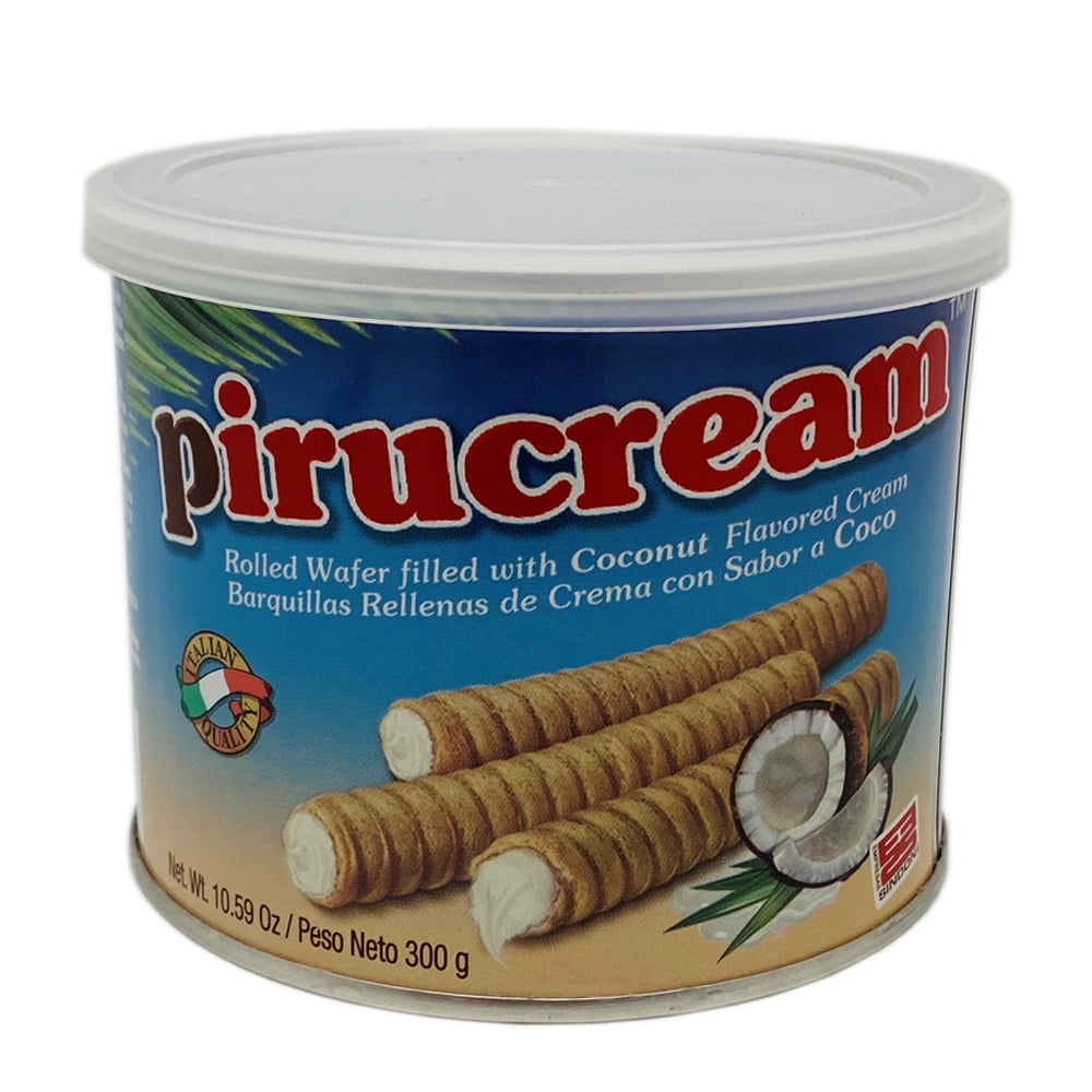 Pirucream 10.59 Oz. Can. Crispy and light rolled wafer filled with coconut flavoured cream. Our perfectly toasted rolled wafers are baked to bring you scrumptious joy. Delight in every luscious bite to add a special touch of Magic to little moments throughout your day and life. Our perfectly toasted rolled wafers are baked to bring you a yummy taste that will fill you with joy. Delight in every luscious bite to add a special touch of Magic to little moments throughout your day and life. Packaging and Ingred