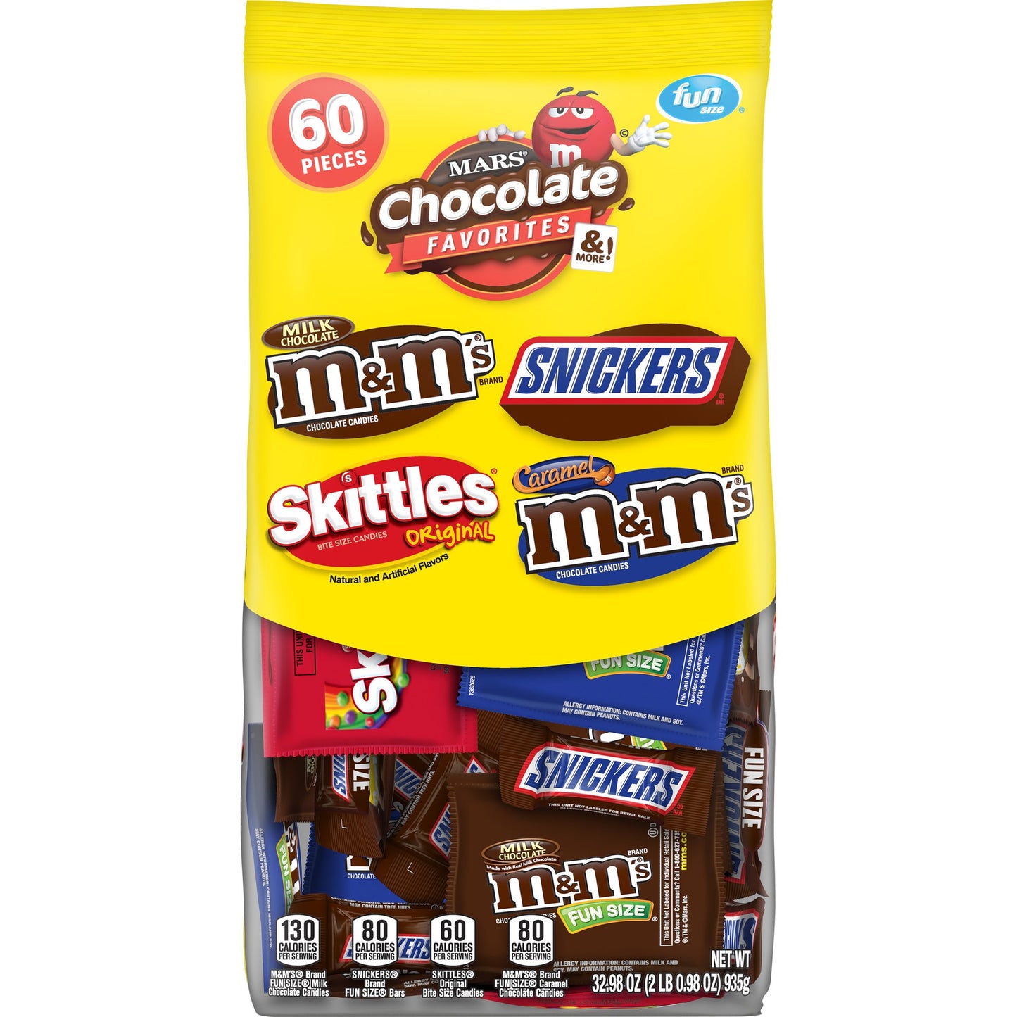 There's something for everyone to enjoy with this M&M'S, M&M'S Caramel, Snickers & Skittles Fun Size Variety Mix Candy Assortment. This bag contains individually wrapped fun size packs of M&M'S Milk Chocolate Candy, M&M'S Caramel Chocolate Candy, Skittles Original Candy and Snickers Candy Bars. With 60 pieces per bag, there's more than enough delicious candy to share. Stock up with this bulk candy package to keep the office pantry filled with treats for everyone. This candy assortment is also great for pass