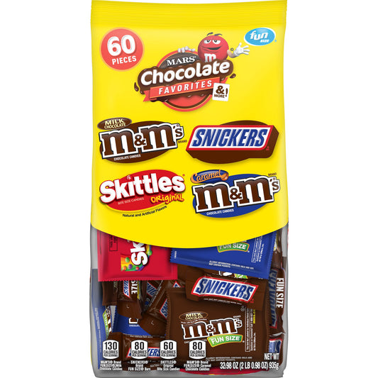 There's something for everyone to enjoy with this M&M'S, M&M'S Caramel, Snickers & Skittles Fun Size Variety Mix Candy Assortment. This bag contains individually wrapped fun size packs of M&M'S Milk Chocolate Candy, M&M'S Caramel Chocolate Candy, Skittles Original Candy and Snickers Candy Bars. With 60 pieces per bag, there's more than enough delicious candy to share. Stock up with this bulk candy package to keep the office pantry filled with treats for everyone. This candy assortment is also great for pass