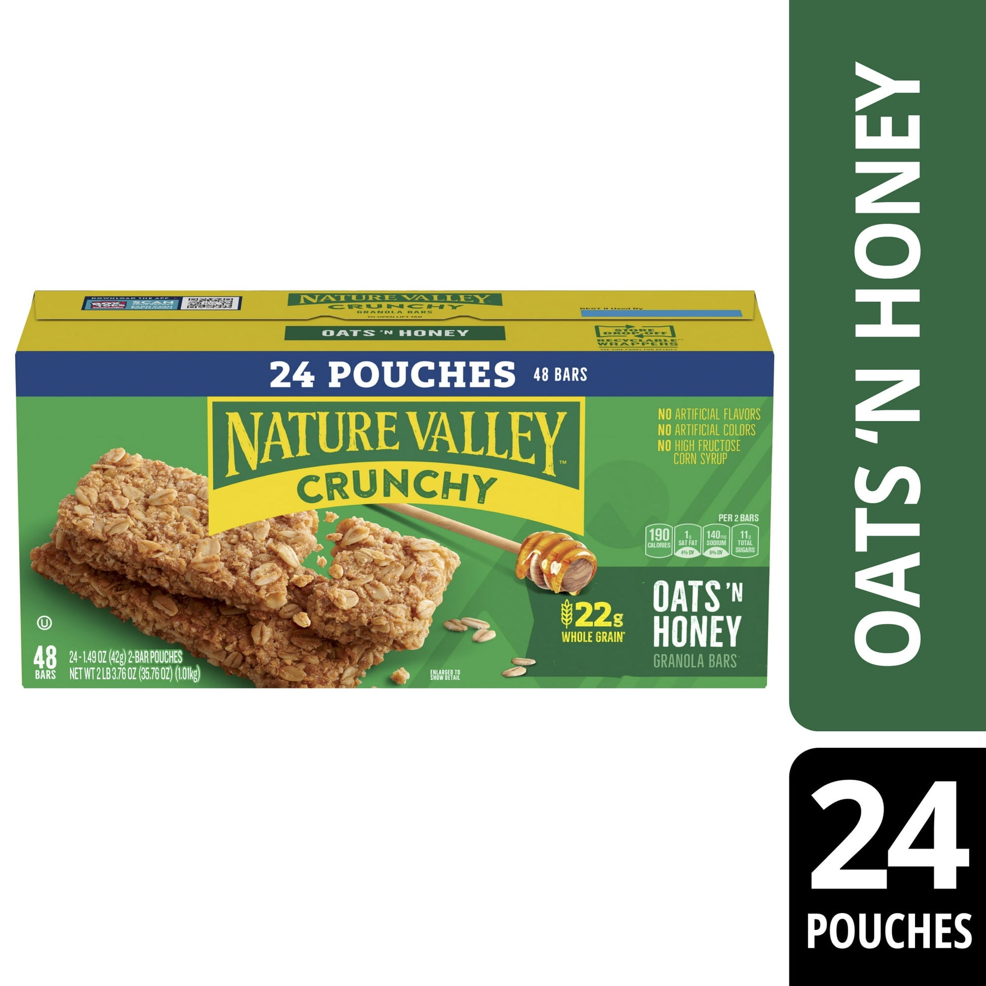 The Original Crunch. Nature Valley Oats 'n Honey Crunchy Granola Bars are a tasty snack made with whole-grain oats and a touch of honey. A portable snack perfect for the pantry, lunch box, and hiking trail. There are no artificial flavors, colors or high fructose corn syrup, and these snack bars contain 22g of whole grain per serving (at least 48g recommended daily). It's a breakfast snack bar, an office snack or an on-the-go treat everyone in your household can enjoy. At Nature Valley, we believe that what