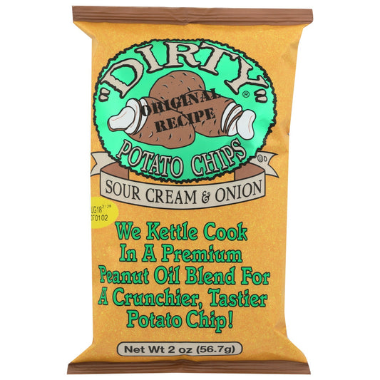 Small Single Bag Snack.\n\"DIRTY\" POTATO CHIPS IN SOUR CREAM & ONION FLAVOR ARE KETTLE COOKED TO CREATE A PERFECTLY CRUNCHY AND DELICIOUS TREAT. OUR CHIPS ARE MADE WITH A SPECIAL PEANUT OIL BLEND AND DON'T CONTAIN ANY TRANS FAT, PRESERVATIVES OR MSG. WE USE PREMIUM INGREDIENTS AND CREATE OUR CHIPS ONE BATCH AT A TIME. THIS 2 OZ. BAG PROVIDES AND SINGLE SERVING AND IS IDEAL FOR ENJOYING AS A TASTY SNACK OR AS AN ADDITION TO A MEAL.