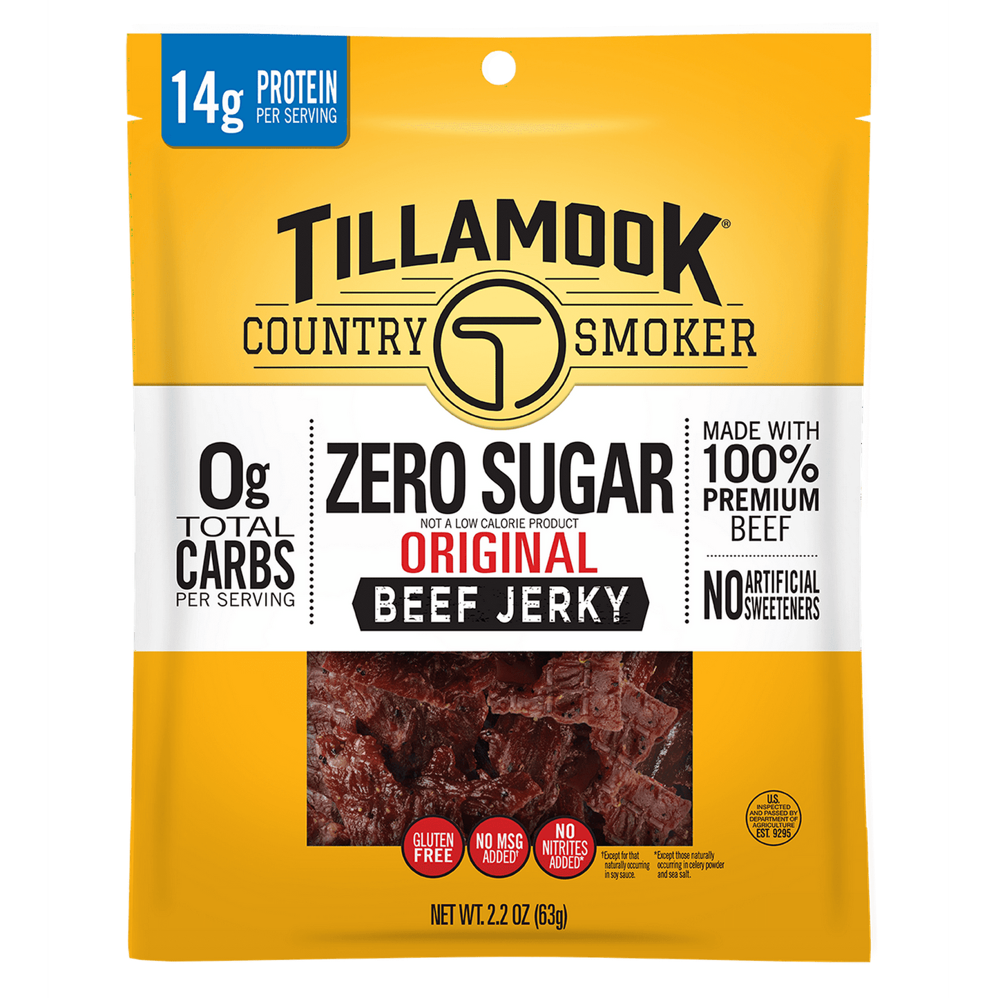 Tillamook Country Smoker Zero Sugar Original Beef Jerky provides all the great taste of our real, hardwood smoked jerky, but without the sugar or carbs. It contains no artificial sweeteners, and is packed with 14g of protein per serving.