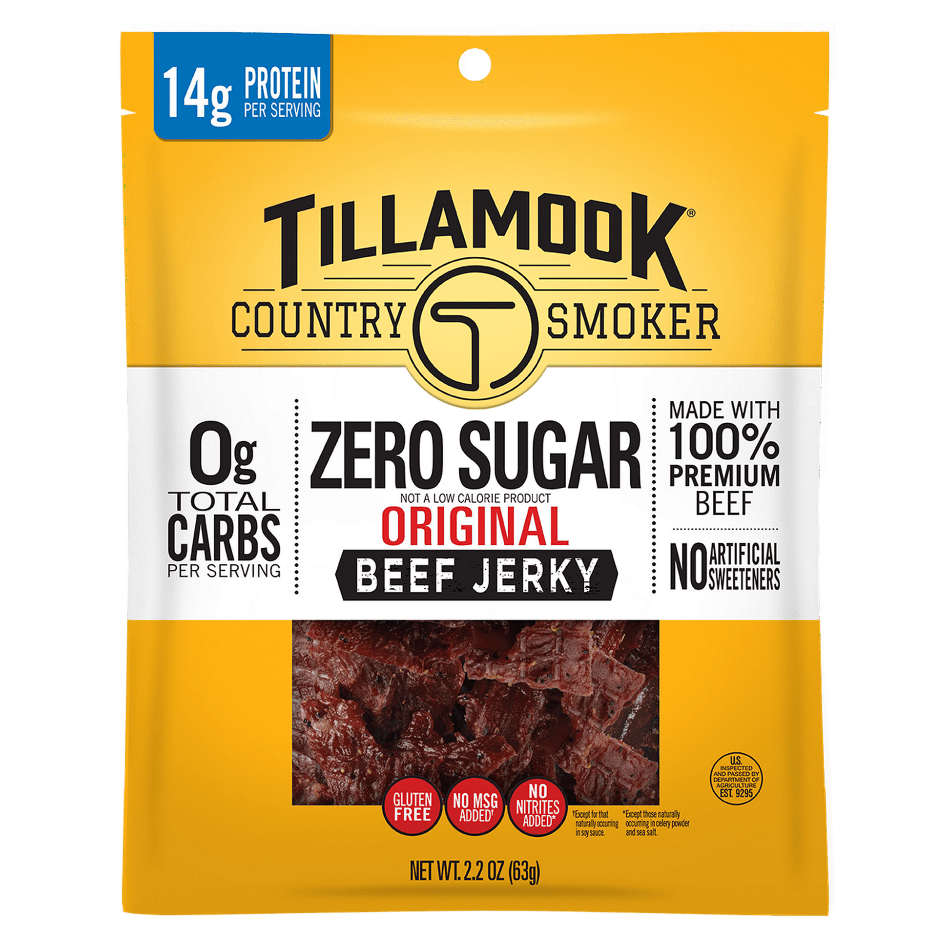 Tillamook Country Smoker Zero Sugar Original Beef Jerky provides all the great taste of our real, hardwood smoked jerky, but without the sugar or carbs. It contains no artificial sweeteners, and is packed with 14g of protein per serving.