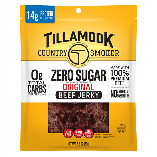 Tillamook Country Smoker Zero Sugar Original Beef Jerky provides all the great taste of our real, hardwood smoked jerky, but without the sugar or carbs. It contains no artificial sweeteners, and is packed with 14g of protein per serving.