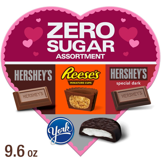 Enjoy a delicious chocolatey treat anytime and anywhere with HERSHEY'S, REESE'S and YORK Zero Sugar assorted chocolate candy. This festive gift box is perfect for sharing with friends and family or gifting to your special someone. There's something for everyone to enjoy in this zero sugar assortment of chocolate candies. Offering four crowd-pleasing favorites, this assorted gift box of sugar free chocolate candies contains HERSHEY'S SPECIAL DARK chocolate candy bars, HERSHEY'S chocolate candy bars, REESE'S 