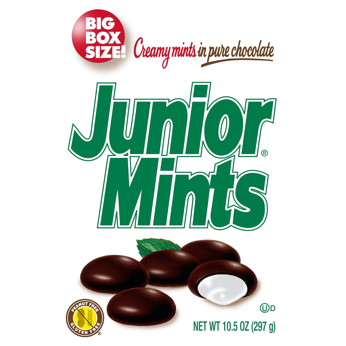 Junior Mints Dark Chocolate Mint Big Box, 10.5 oz. The bite-sized candy is made with a dark chocolate coating with a creamy mint center. It has a sugary glaze to give it shine. Followed by the taste of chocolate, the flavor lingers in the mouth for a moment before the palate is surprised with a cool jolt of mint. This product is certified kosher and gluten-free.