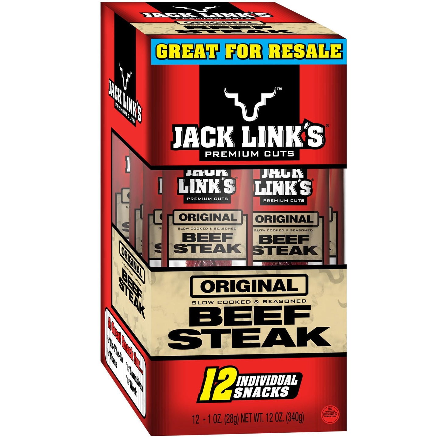 Sink your teeth into the rich, slow cooked and seasoned flavor of these Jack Link's Original Beef Steak, 1 oz, 12 Count. These individually wrapped beef sticks have 6 grams of protein per each serving and are a great snack for on-the-go, at home, or at work. With almost a pound of real beef steak sticks, this Jack Link's box has 12 sticks to share with coworkers, friends, or just yourself! Feed your wild side with this Jack Link's Original Beef Steak, 1 oz, 12 Count.