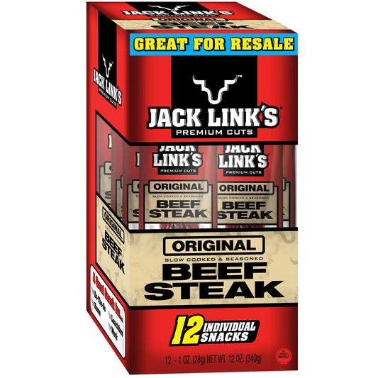 Sink your teeth into the rich, slow cooked and seasoned flavor of these Jack Link's Original Beef Steak, 1 oz, 12 Count. These individually wrapped beef sticks have 6 grams of protein per each serving and are a great snack for on-the-go, at home, or at work. With almost a pound of real beef steak sticks, this Jack Link's box has 12 sticks to share with coworkers, friends, or just yourself! Feed your wild side with this Jack Link's Original Beef Steak, 1 oz, 12 Count.