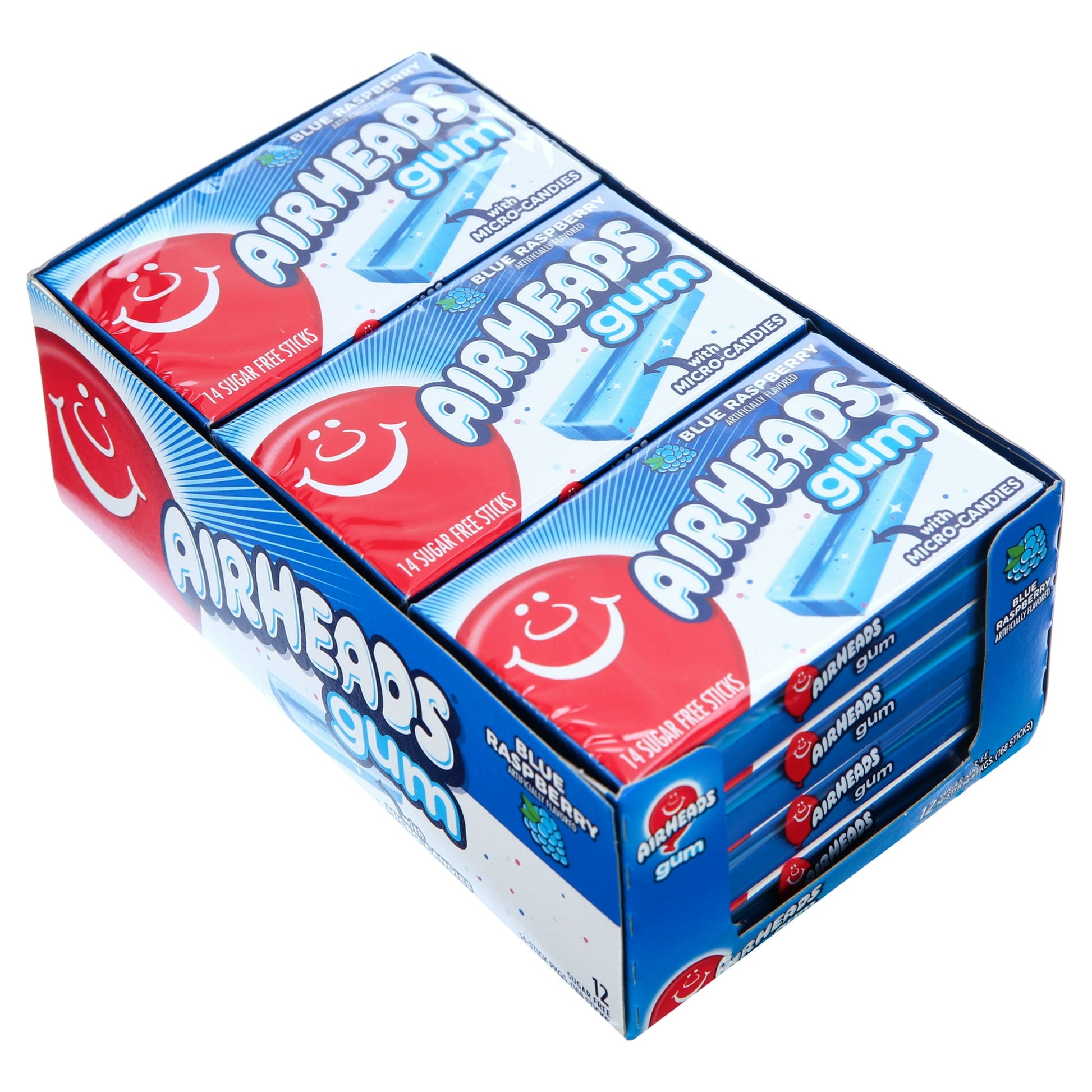 The same playfully tangy Airheads flavors you love is available in Airheads gum. Play delicious and keep the fun going with this Airheads sugar-free chewing gum. We packed so much mouth-watering flavor into each pack of gum, you'll want to chew it all day long. This gluten-free gum is full of micro-candies and fruit flavor. This Airheads candy sugar-free chewing gum is a delicious Blue Raspberry flavor. Each pack has 14 sticks of gum. 12 total packs. 168 total regular size pieces. Peanut and tree nut free.