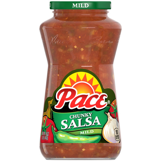 Add excitement to any dish with Pace Chunky Mild Salsa. This thick and chunky salsa features big pieces of juicy tomatoes, crisp onions and hand-picked jalapenos, delivering a satisfyingly hearty texture and bold Southwest flavor in every bite. With a mild heat level, it’s a flavorful yet approachable tomato salsa that makes a crowd-pleasing dip, topping or ingredient for Mexican food and beyond. Pour it over tacos, nachos, eggs, chicken and more to add a zesty kick, or use it as marinade and flavor enhance