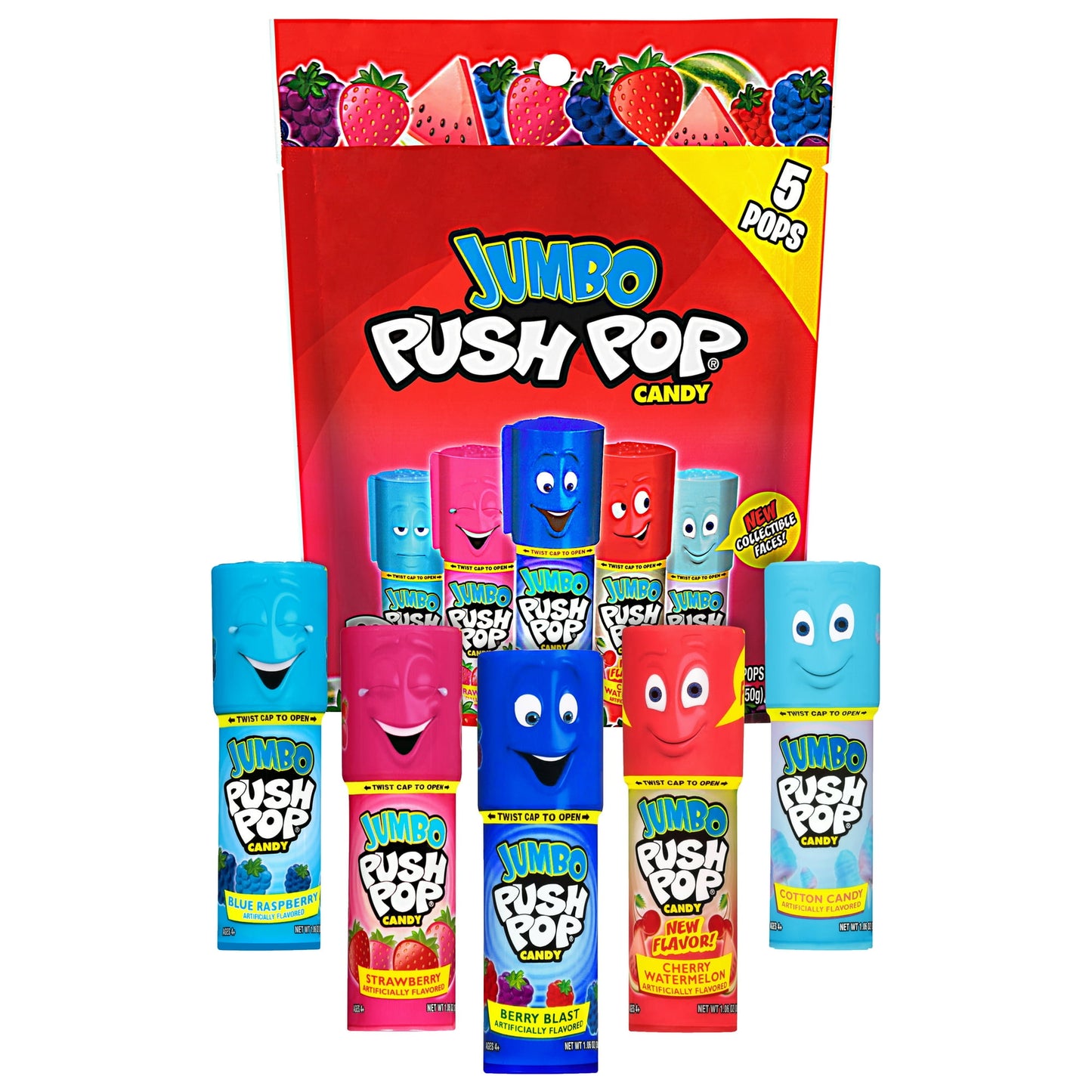 Discover the joy of Push Pop Jumbo Lollipop Gluten-Free Candy Variety Pack, where each 5.3oz bag contains five flavorful lollipops. These super-sized suckers come in Strawberry, Blue Raspberry, Berry Cherry, Cotton Candy, and Cherry Watermelon, encased in a handy, durable case. Perfect for on-the-go snacking or adding a vibrant touch to party bags, these lollipops are a hit at any celebration. Ideal for kids' parties or as a delightful snack, our Push Pop Jumbo Lollipops are the essence of fun in every lick