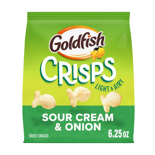 Experience New Sour Cream and Onion Goldfish Crisps! These irresistible Goldfish are light and airy, always baked, and seasoned to perfection. New bite-sized Goldfish Crisps are the perfect chip-like snack, baked with potato and wheat! With the satisfying blend of rich sour cream and savory onion, these crisps are seasoned to perfection and ready for your enjoyment. The 6.25-ounce bag is perfect for sharing, solo snacking, or taking on the go. Try these delicious, fish shaped crisps - available in Cheddar, 