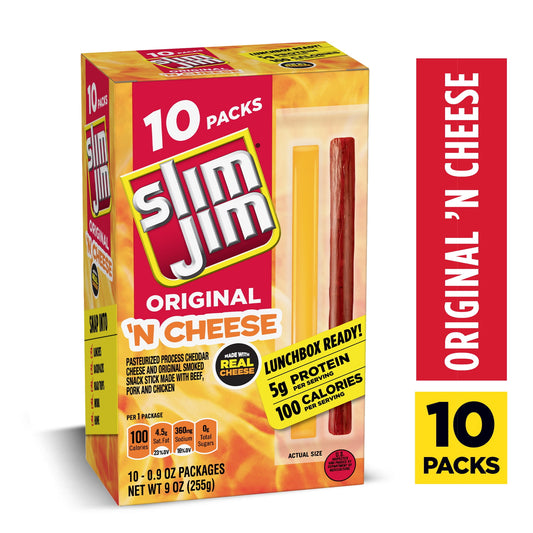 Experience a powerful snack combo with delicious Slim Jim Original 'N Cheddar Smoked Snack Sticks. Made with beef, pork and chicken and real cheddar cheese, these cheese and meat sticks contain no artificial flavors or colors for full meaty flavor everyone can love. Each meat and cheese stick serving is loaded with 5 grams of protein, ideal for protein snacks that kick hunger to the curb and leave you feeling satisfied. These individually wrapped snacks go where you go and are perfect as travel snacks, scho