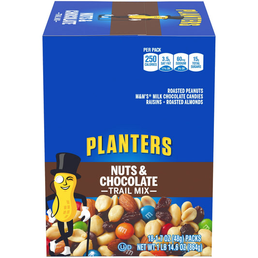 Enjoy a sweet and salty treat any time of day with Planters Nuts & Chocolate Trail Mix. Bursting with flavor, this trail mix includes roasted peanuts, M&M’s, raisins, and roasted almonds. - A treat with real chocolatey goodness, this Planters trail mix will give you the pick-me-up you need and satisfy both your mid-day and late night cravings. Stock your pantry with this 18-pack of 1.7 oz. snack bags.