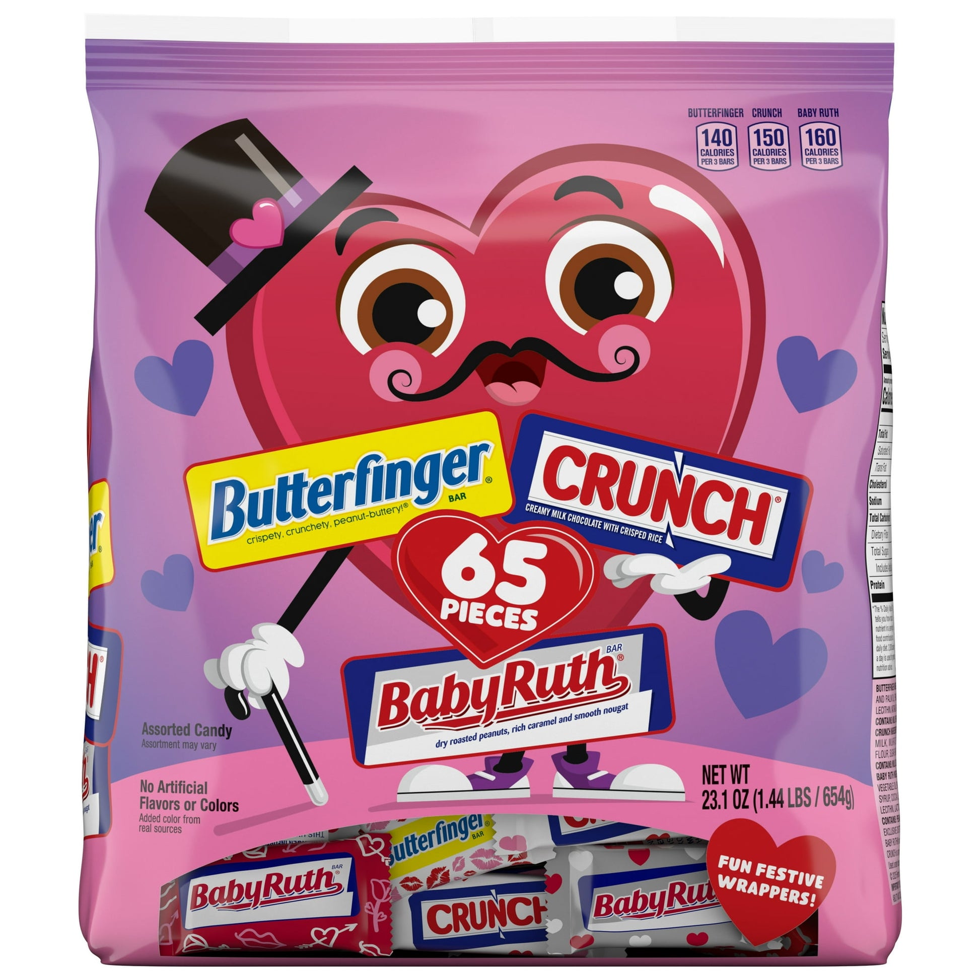 ASSORTED Variety FMC Chocolate (CRUNCH, BUTTERFINGER, BABY RUTH) 65pc Valentines Day Assorted Bag 23.1oz / 654g. Discover great-tasting bars like peanut-buttery Butterfinger, the milk chocolate and crisped rice of CRUNCH, and Baby Ruth with peanuts, milk chocolate, caramel and nougat. Unwrap the Love all season long with individually wrapped mini assorted candy bars in festive, fun Valentines-themed designs—this 65-count bag includes Butterfinger, CRUNCH and Baby Ruth Minis