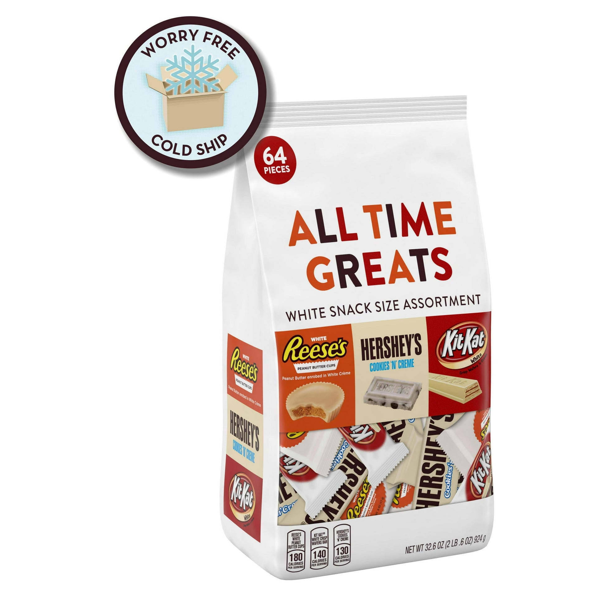 When only the best candy will do, look to the Hershey All Time Greats White Snack Size Assortment. You’ll enjoy 64 snack size Hershey classics: White REESE’S Peanut Butter Cups, HERSHEY’S Cookies ‘n’ Crème, and KIT KAT White Wafer bars