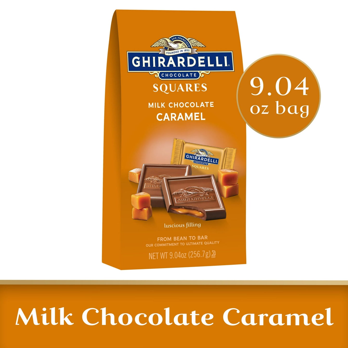 Unwrap Ghirardelli Milk Chocolate Squares with Caramel Filling for moments of luxurious indulgence. Ghirardelli Squares add a sweet touch to your day on their own and offer a delicious twist to s'mores and other desserts for something special. Share the sweet moments of joy and delight with someone close to your heart when you give these chocolate caramel candy squares as a gift. Luscious caramel fills the slow-melting, creamy milk chocolate for pure bliss in every square. Individually wrapped chocolate squ