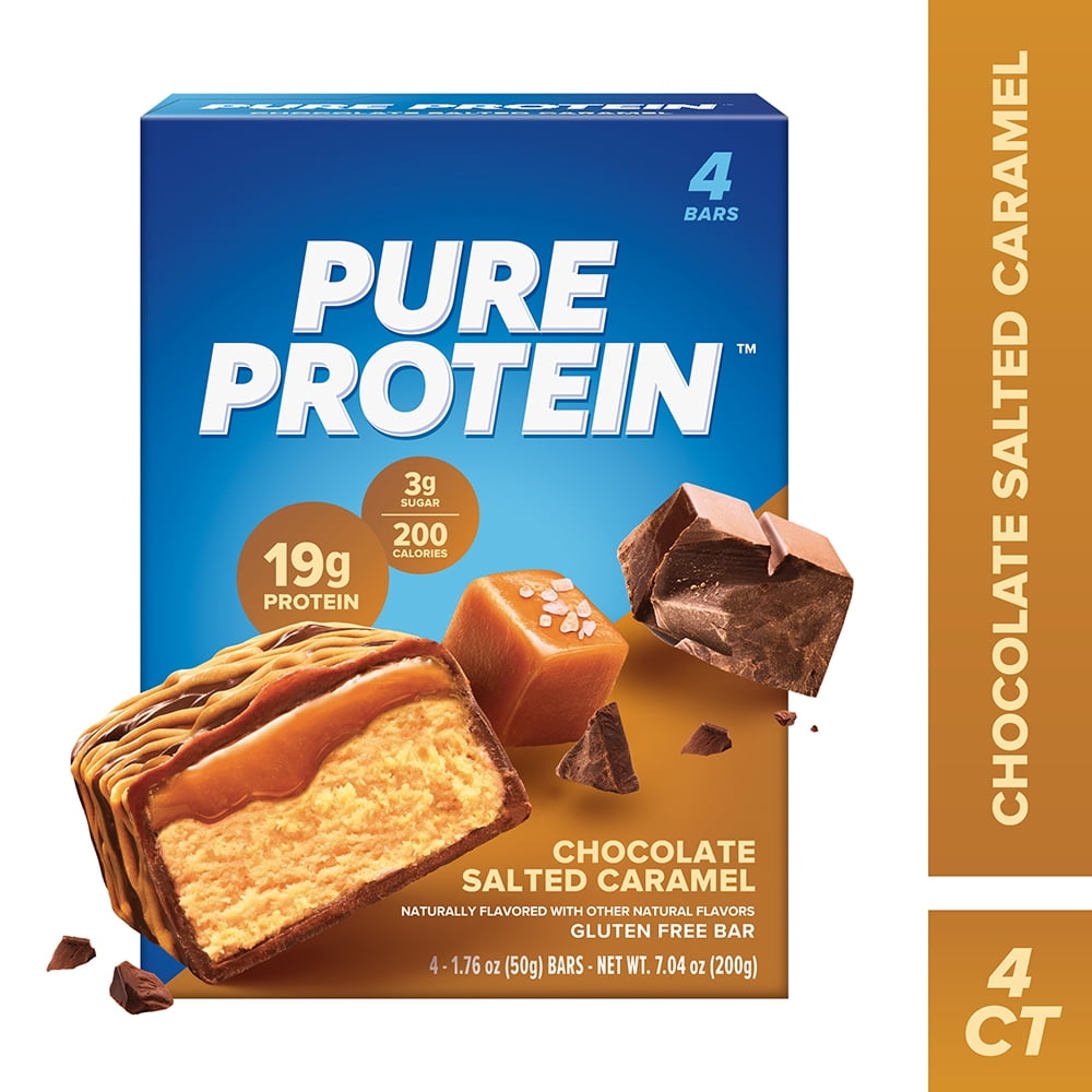 Pure Protein Chocolate Salted Caramel Protein Bars are delicious high protein snacks with high quality protein that support lean muscle and strength. These chocolate salted caramel protein bars contain whey protein isolate and are gluten free. Each protein bar contains 19 grams of protein, 200 calories and 3 grams of sugar to support your busy and active lifestyle. Grab a Pure Protein bar for high quality protein, an essential part of a nutritious, balanced diet. Whether you prefer to enjoy chocolate salted