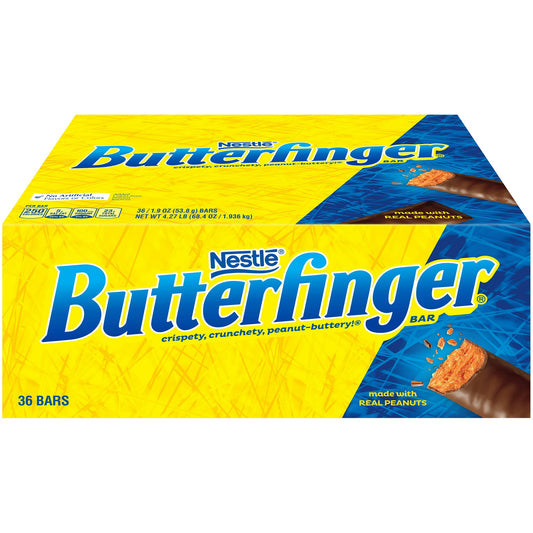 Candy Bar, Butterfinger, 36 Pack, Box 36 CT Crispety, crunchety, peanut-buttery! No artificial flavors or colors. Added colors from natural sources. Per Bar: 250 calories; 5 g sat fat (25% DV), 100 mg sodium (4% DV); 24 g sugars. Butterfinger.com. Partially produced with genetic engineering. The good stuff! Gluten free. Nutritional Compass: Nestle - Good food, good life. Good to Remember: Enjoying confections in moderation can be part of a balanced diet and an active lifestyle. Good to Connect: Call/Text 1-