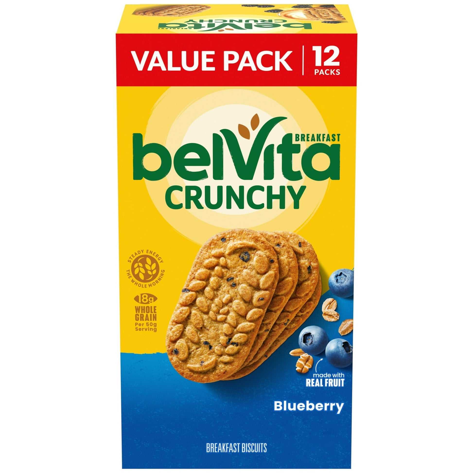 Start your morning off right with lightly sweet and crunchy belVita Blueberry Breakfast Biscuits. Specially baked, these biscuits contain slow-release carbs that break down gradually in the body to deliver delicious, steady energy all morning long so you can enjoy these with your morning coffee, yogurt and fruit or as an instant breakfast food. Each 50 gram serving of these bulk breakfast cookies contains 18 grams of whole grain, 2 grams of fiber and B vitamins for a delicious alternative to breakfast bars.