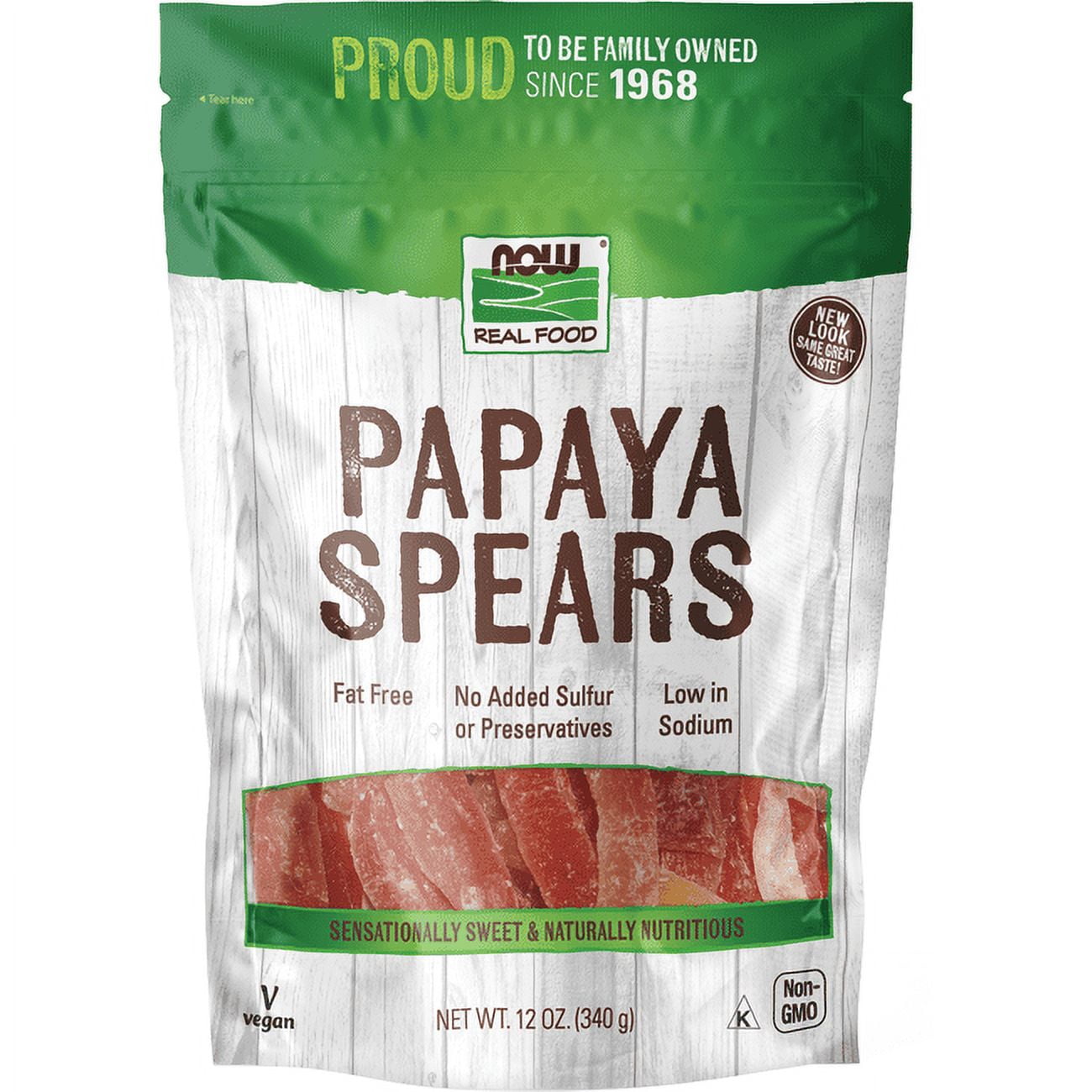 A sweet, fat free snack, Now(R) Real Food Papaya Spears are a chewy, sweet treat. These delicious papaya spears are sweetened with just a touch of sugar from cane juice and then carefully dried. This product contains no added sulfur and no preservatives.