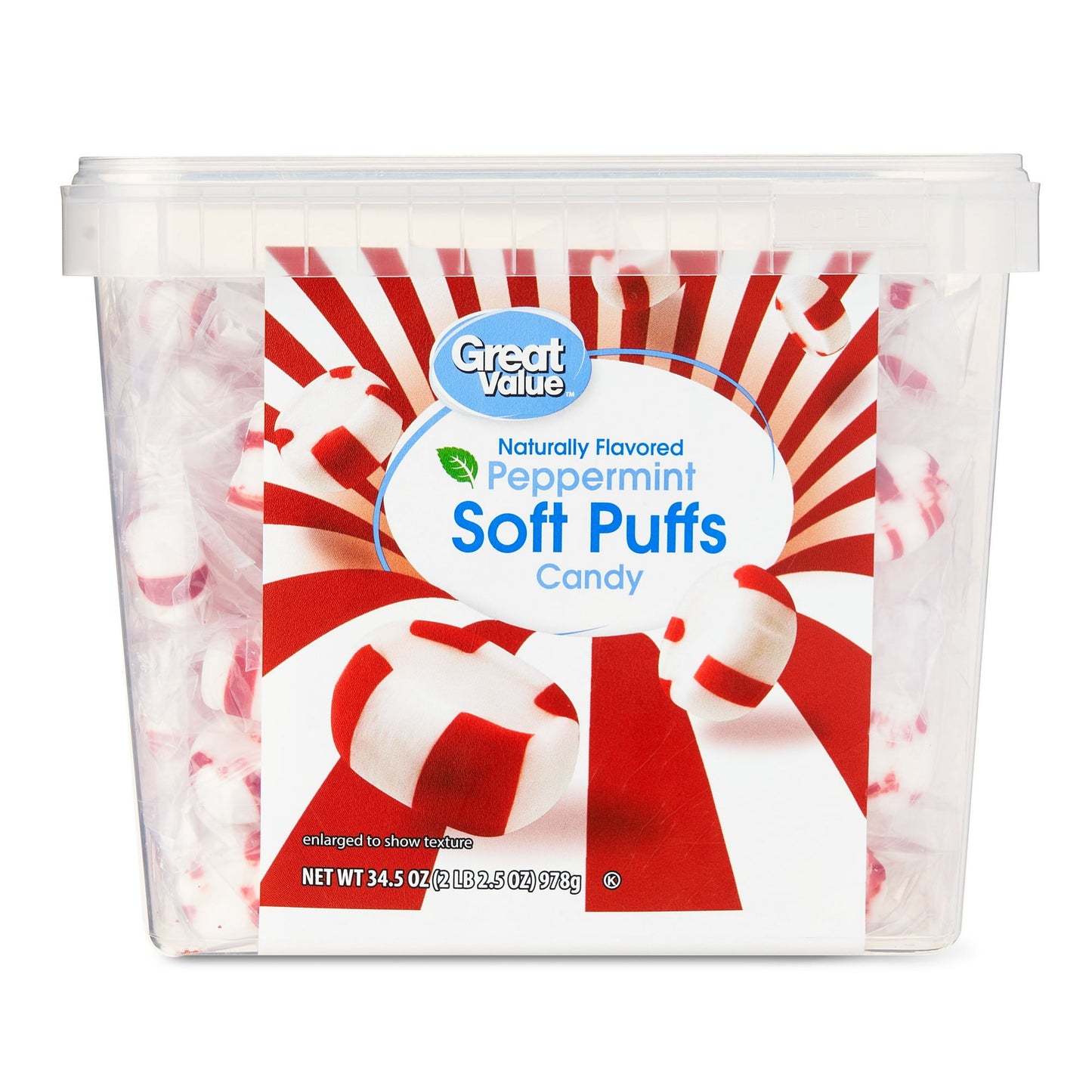 Great Value Peppermint Soft Puffs Candy are a convenient way to get your fill of your favorite minty flavor. Each of the candies are a portable bite-sized treat made with natural flavors to ensure you receive that delicious peppermint taste you love in every serving. The large 34.5-ounce reclosable plastic container holds an abundant amount of individually wrapped peppermint candies for you to keep stocked up on and enjoy wherever and whenever you please. Fill up your office candy dish, place some in your n