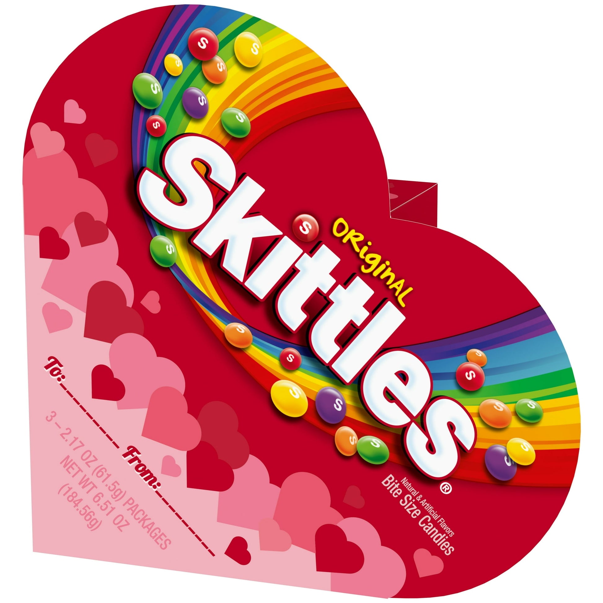 Give the gift of the rainbow this Valentine’s Day with SKITTLES Valentines Day candy heart box, 6.51 oz. The perfect alternative to a Valentine’s Day chocolate box, this fruit chewy candy box will delight your valentine. The original flavor assortment of, strawberry, grape, lemon, lime, and orange is sure to brighten up their day. With to and from already on the package, this SKITTLES Original assorted candy heart box makes your Valentine’s day gift exchange easy. From your partner to your parents to your f