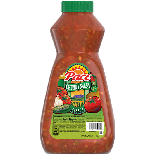 Add excitement to any dish with Pace Chunky Mild Salsa. This thick and chunky salsa features big pieces of juicy tomatoes, crisp onions and hand-picked jalapenos, delivering a satisfyingly hearty texture and bold Southwest flavor in every bite. With a mild heat level, it’s a flavorful yet approachable tomato salsa that makes a crowd-pleasing dip, topping or ingredient for Mexican food and beyond. Pour it over tacos, nachos, eggs, chicken and more to add a zesty kick, or use it as marinade and flavor enhance