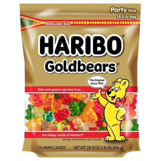 Say hello to America's #1 Selling Gummi Bear! There’s no better companion than our original HARIBO GOLDBEARS?, the delicious chewy treat loved by young and old alike. HARIBO GOLDBEARS? have been the gummy candy gold standard worldwide for over 90 years. Kids and grown-ups love it so, the happy world of HARIBO! Package of 1 28.8 oz resealable bag. Sweet treats in five fruity flavors: Lemon (yellow), Orange (orange), Pineapple (white), Raspberry (red), Strawberry (green) Fat free gummy bear candy. 100 calorie