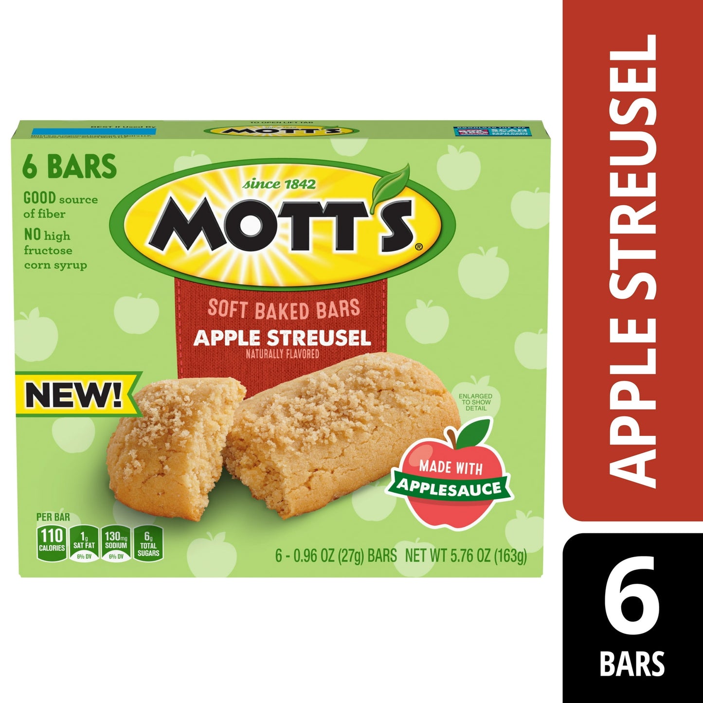 Take soft baked goodness wherever your day takes you! Mott's Apple Streusel Flavor Soft Baked Bars combine an irresistibly soft texture, delicious apple taste, and streusel topping with the ease of an on the go bar. Whether you make it a morning snack, bite at the office, or an after school treat, each serving is a good source of fiber, has no high fructose corn syrup, and is made with applesauce. Stock your pantry with these individually wrapped bars for a quick and easy anytime snack for adults or kids. P