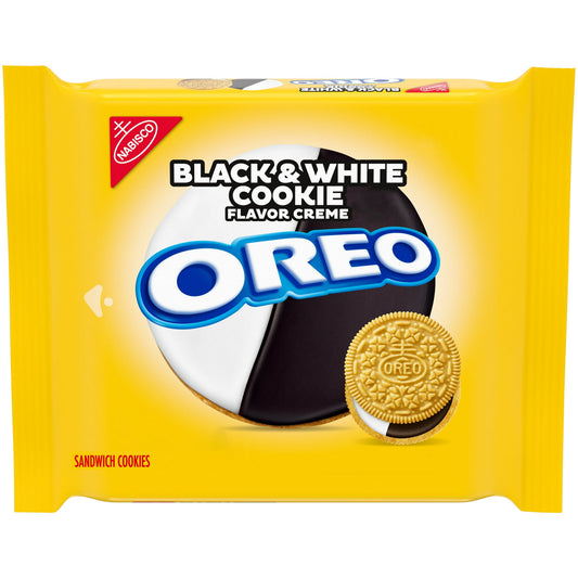 Enjoy two delicious cookies in one with OREO Black and White Cookie Creme Sandwich Cookies. These limited edition OREO cookies feature two Golden OREO vanilla wafers filled with side-by-side dark chocolate cake flavored creme and white cake flavored creme. They’re an OREO twist on traditional Black and White Cookies, nostalgic cookies that are also mini cakes and have two kinds of frosting. The easy-open, resealable pack keeps black and white cookies fresh and ready to share.