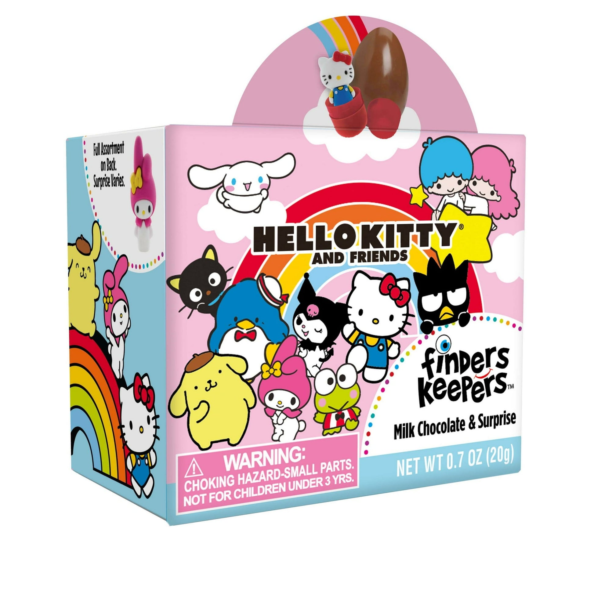 Finders Keepers Hello Kitty Milk Chocolate Hard Candy Egg and Surprise, 0.7oz, 1 Count Box. Finders Keepers Hello Kitty Milk Chocolate Candy Egg and Figure Surprise is a delicious milk chocolate treat that comes with one of 8 collectible Hello Kitty figures. Each box includes both a candy egg and a Hello Kitty-themed figure packaged separately. Finders Keepers are the perfect party favor or gift for any time of year. Hello Kitty Surprise Eggs are sure to delight at any occasion! Disclaimer: Not for children