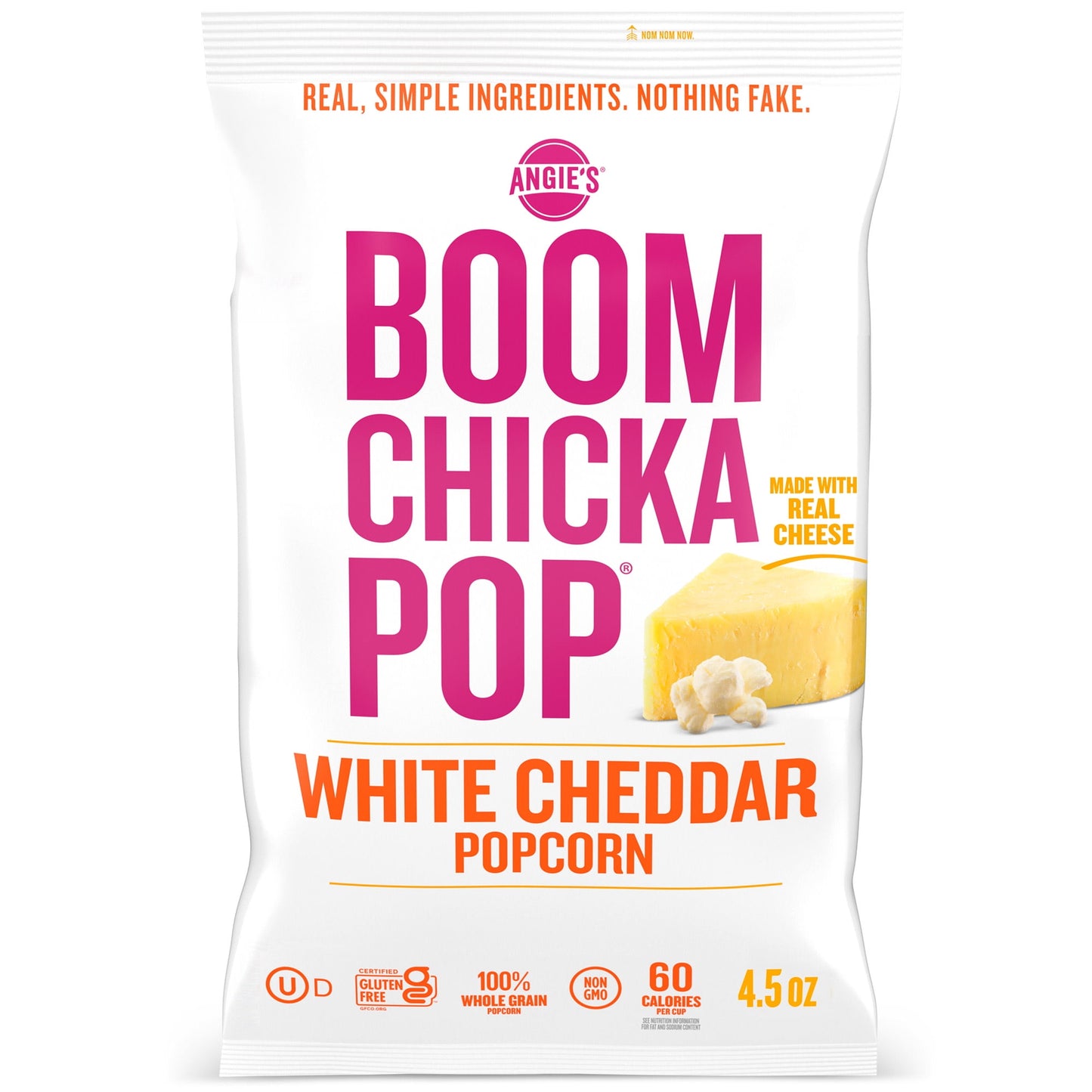 Say cheese! This bag of Angie's BOOMCHICKAPOP White Cheddar Popcorn is a delicious, cheesy snack. Enjoy a gluten-free snacking experience made with non-GMO, whole-grain popped corn and real cheese. This white cheddar cheese popcorn has 60 calories per cup and 0 grams trans fat per serving. It's great for movie nights, road trips, after school, midday munchies or anytime treats. Order a bag of Angie's BOOMCHICKAPOP Popcorn for a pop of positivity anytime.