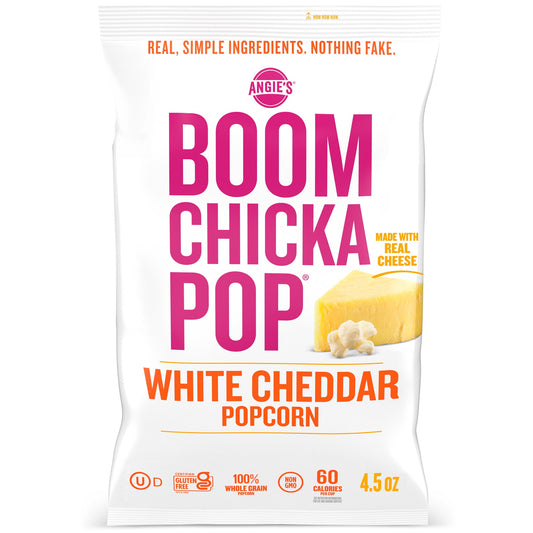 Say cheese! This bag of Angie's BOOMCHICKAPOP White Cheddar Popcorn is a delicious, cheesy snack. Enjoy a gluten-free snacking experience made with non-GMO, whole-grain popped corn and real cheese. This white cheddar cheese popcorn has 60 calories per cup and 0 grams trans fat per serving. It's great for movie nights, road trips, after school, midday munchies or anytime treats. Order a bag of Angie's BOOMCHICKAPOP Popcorn for a pop of positivity anytime.